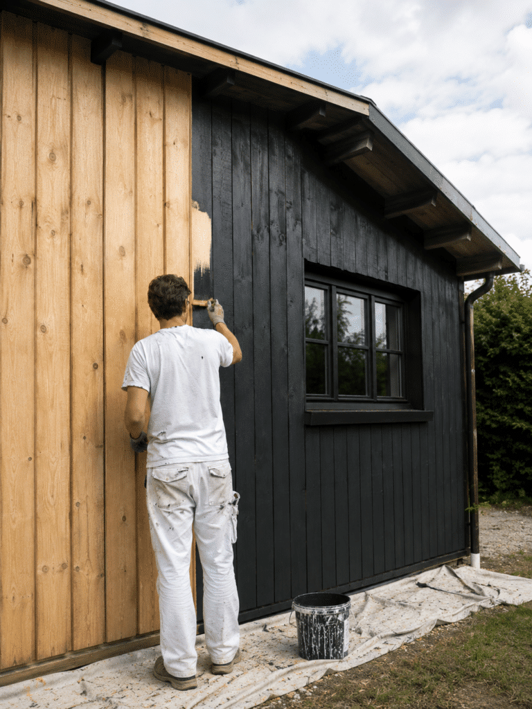 Peinture Extérieure Bois : Rénovation d'un Chalet en Noir Peintre appliquant une peinture noire sur le bardage en bois naturel d'un abri de jardin en extérieur.