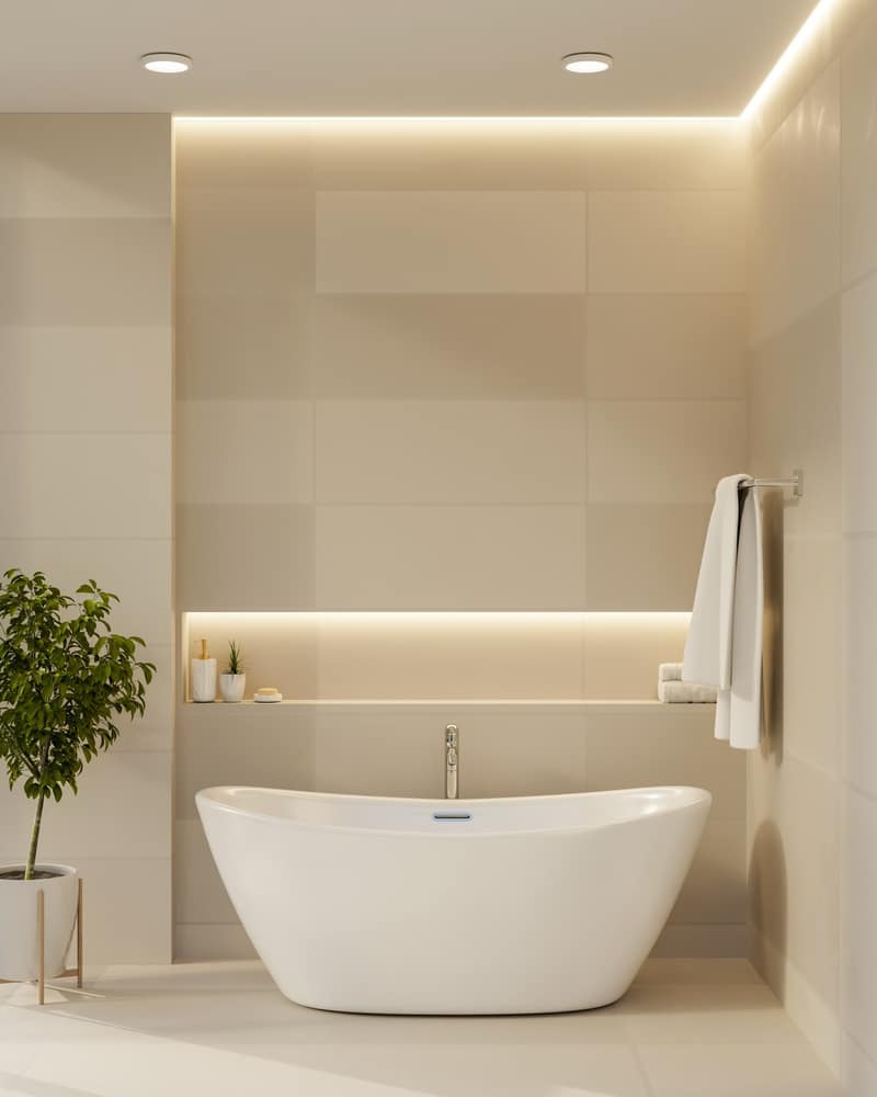 Baignoire îlot et design épuré pour salle de bain zen Salle de bain moderne avec baignoire îlot blanche, étagère éclairée par LED et plante verte sur carrelage beige.